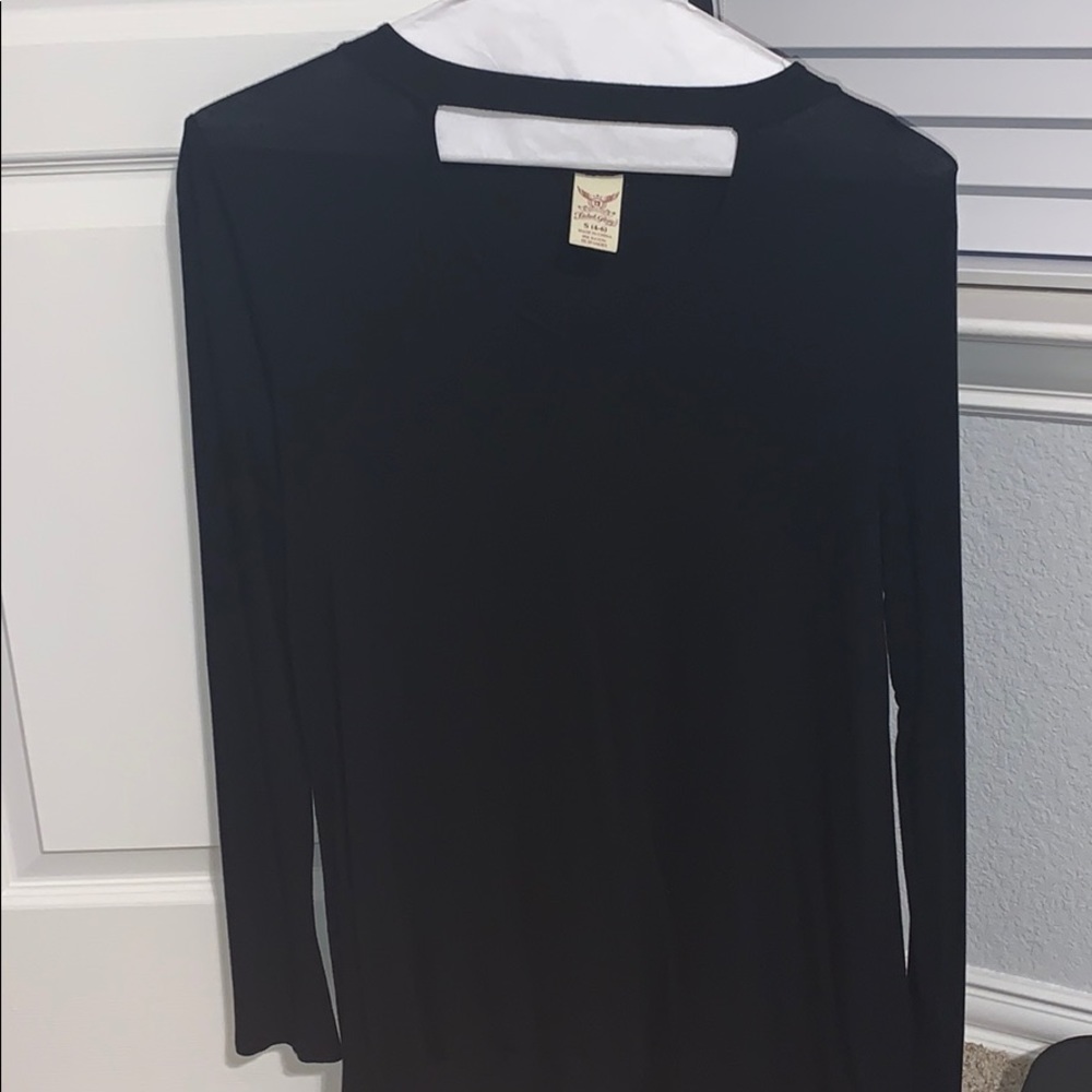 black dressy shirt with cut in the middle